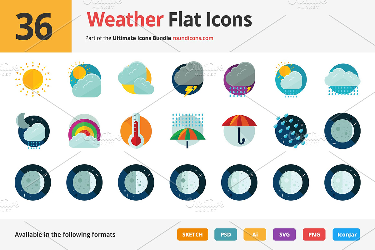 36 Weather Flat Icons in Graphics - product preview 8
