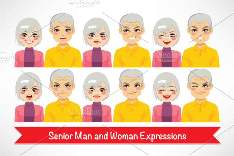 Senior Man and Woman Expressions in Illustrations - product preview 8