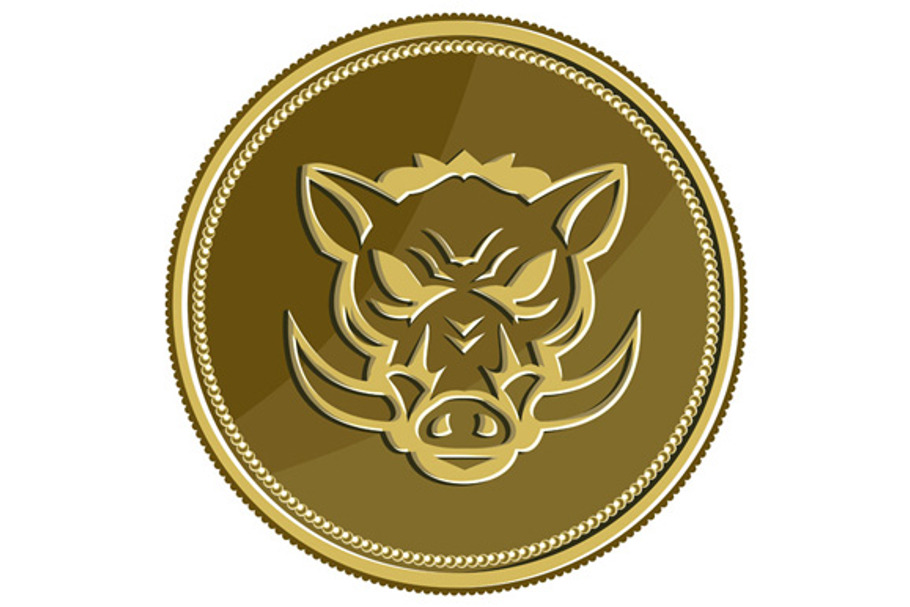 Wild Hog Head Angry Gold Coin Retro
