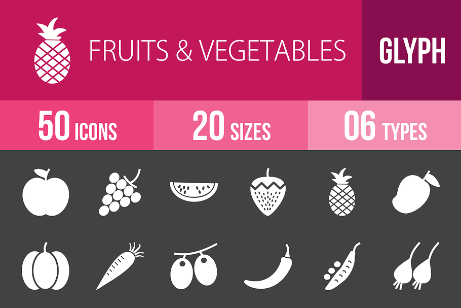50 Fruits&Vegetables Glyph Inverted
