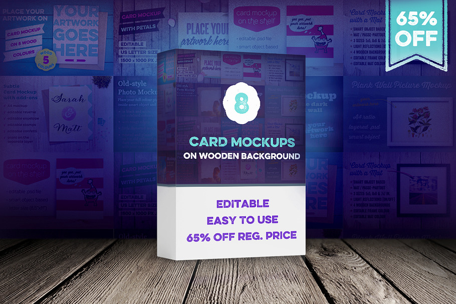 8 Card Mockups on Wooden Background in Print Mockups - product preview 8
