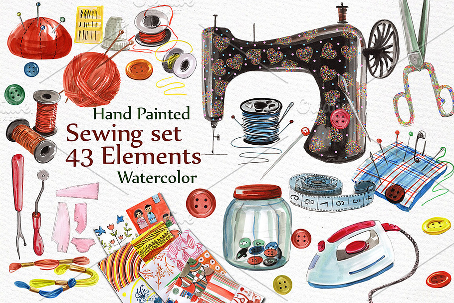 Watercolor sewing set clipart in Illustrations - product preview 8