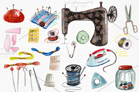 Watercolor sewing set clipart in Illustrations - product preview 1