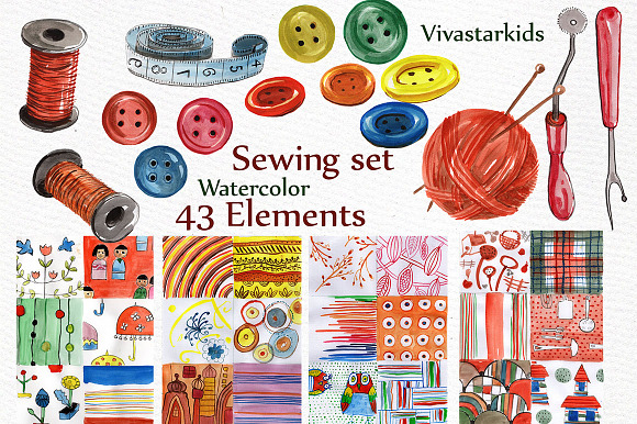 Watercolor sewing set clipart in Illustrations - product preview 2