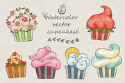 Vector watercolor cute cupcakes