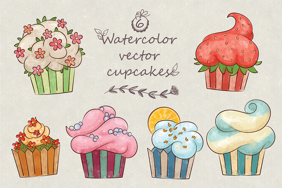 Vector watercolor cute cupcakes in Illustrations - product preview 8