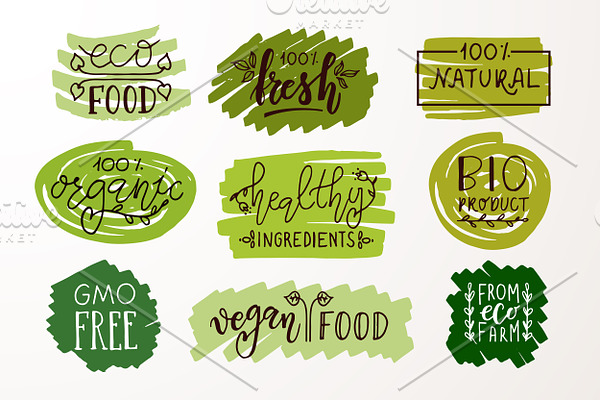 Hand Drawn Natural Food Badges&Icons