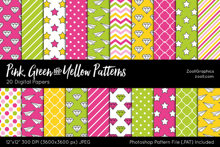 Pink, Green & Yellow Digital Papers