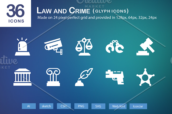 36 Law and Crime Glyph Icons