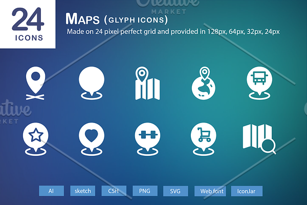 24 Maps Glyph Icons