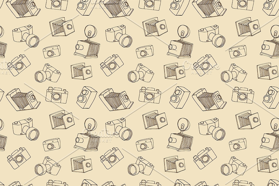Vintage photo camera doodle pattern