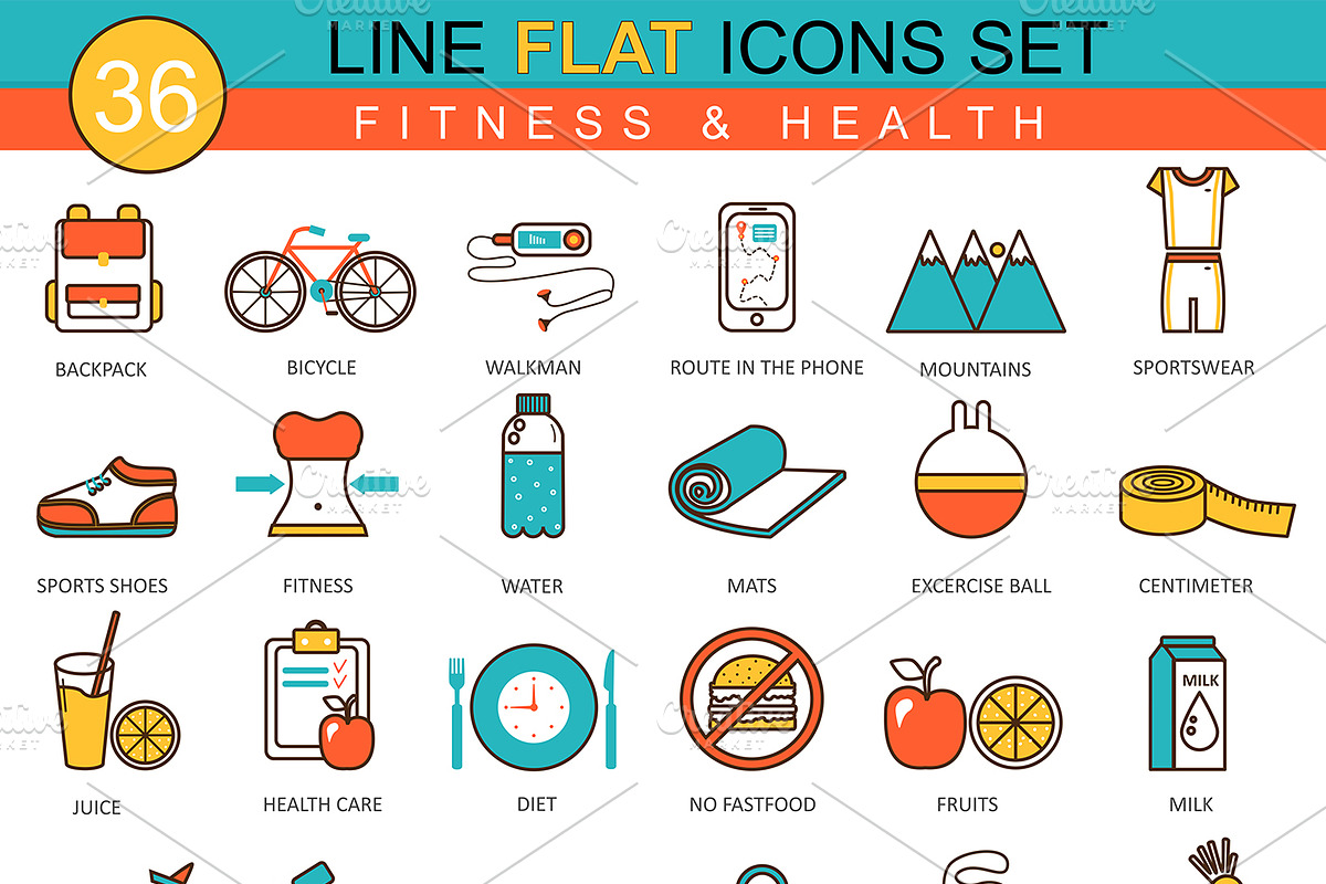 Fitness & health flat line icons set in Graphics - product preview 8