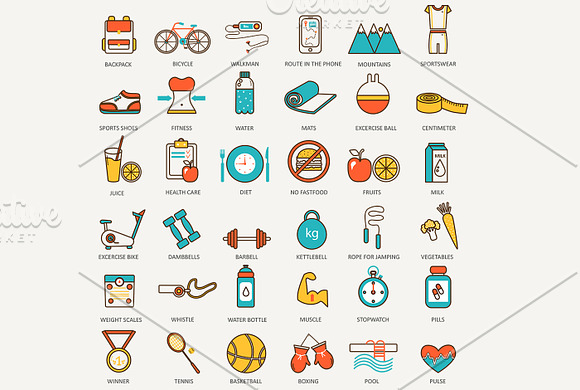 Fitness & health flat line icons set in Graphics - product preview 1