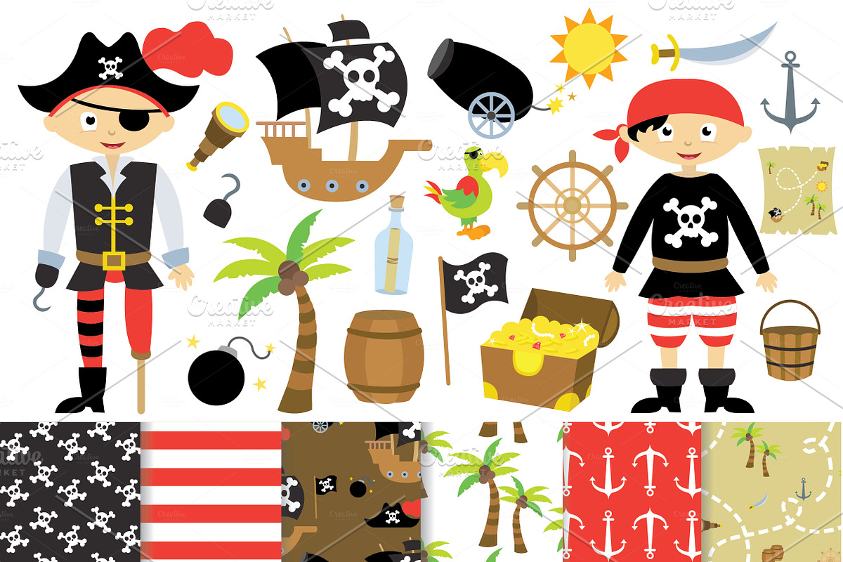 Pirate Clipart and Digital Paper Set in Illustrations - product preview 8