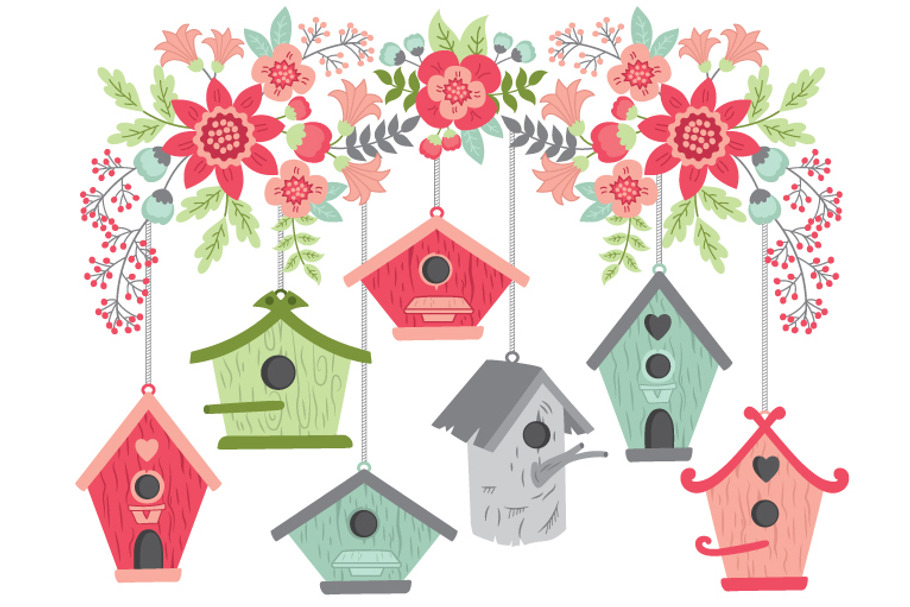 Flowers with Birdhouses