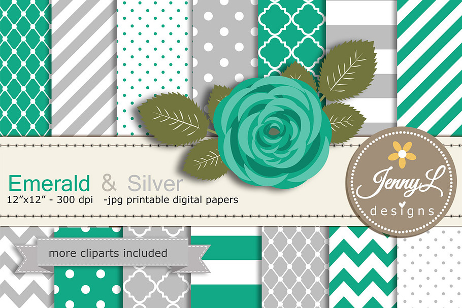 Emerald Green & Silver Digital Paper
