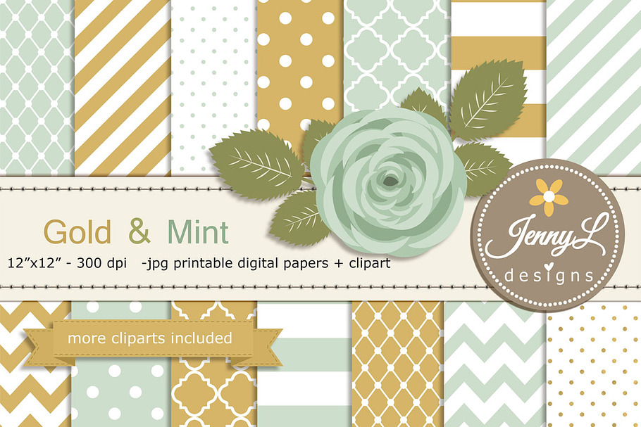 Gold & Mint Green Digital Paper in Patterns - product preview 8