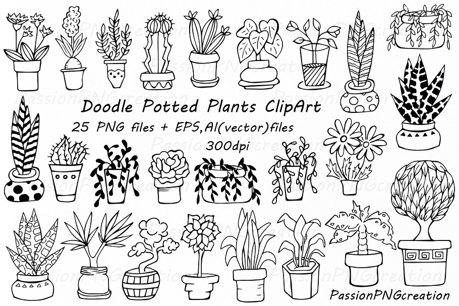 Doodle potted plants clipart