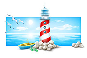 Lighthouse and boat at stones island. Sea sunset with sun. Flying seagull birds. Clouds on sky. Marine landscape view. Ocean skyline vector illustration