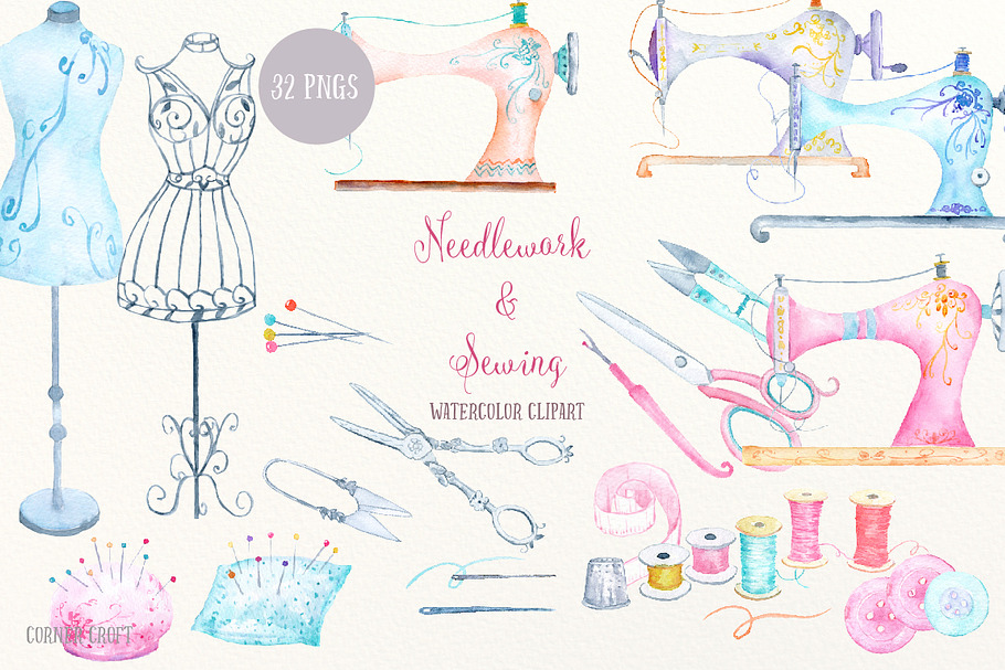 Watercolor Clipart Needlework Sewing
