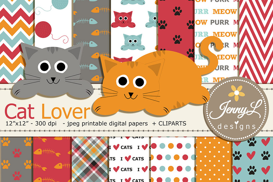 Cat Lover Digital Paper and Clipart