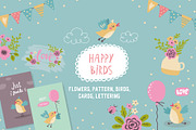 Happy birds illustration and pattern
