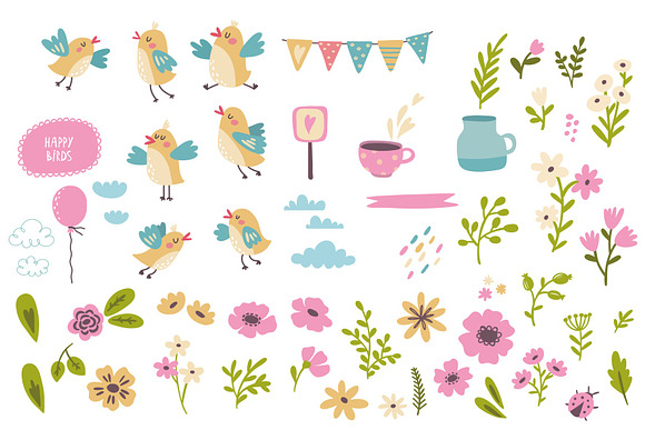 Happy birds illustration and pattern in Illustrations - product preview 1