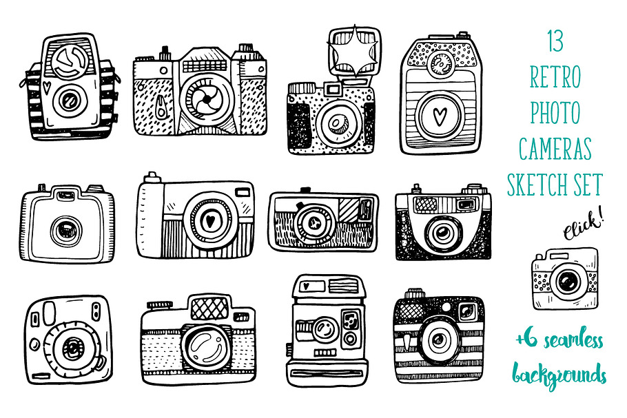 Hand drawn camera set +patterns in Camera Icons - product preview 8