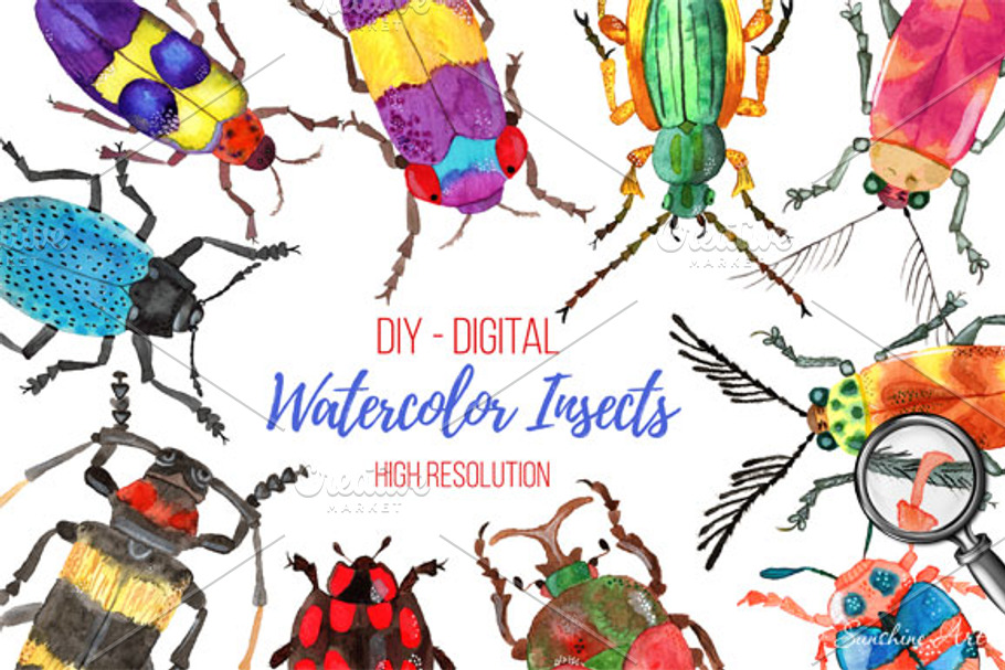 Set of Watercolor Whimsical Insects