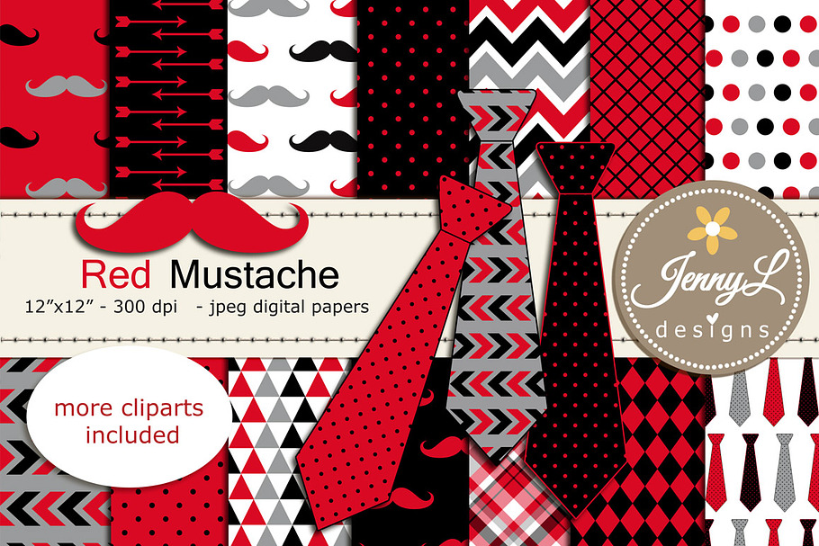 Red Mustache Necktie Digital Paper