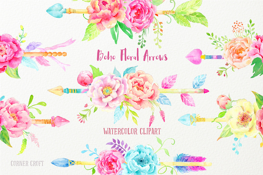 Watercolor Boho Peony Arrows in Illustrations - product preview 8