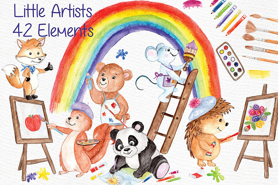 Watercolor animals kids clipart
