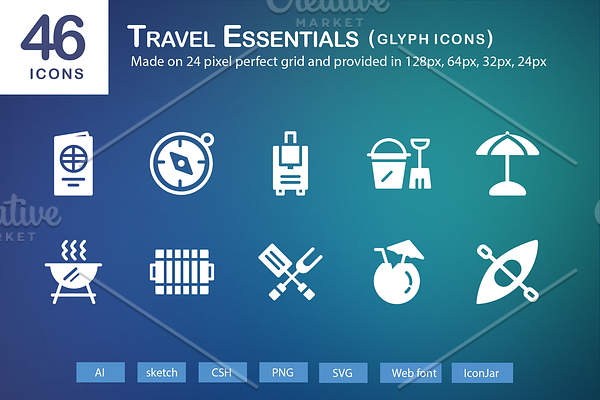 46 Travel Essentials Glyph Icons