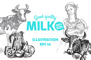 Sketches of milk products and cow
