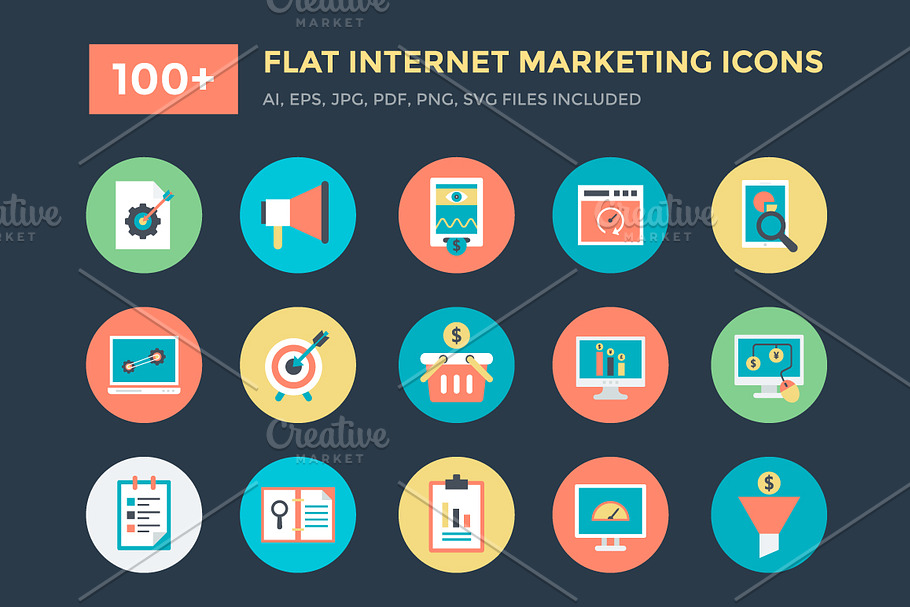 100+ Flat Internet Marketing Icons 