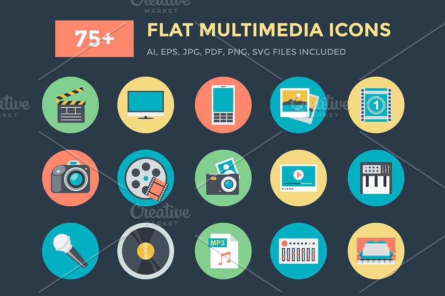 75+ Flat Multimedia Vector Icons 