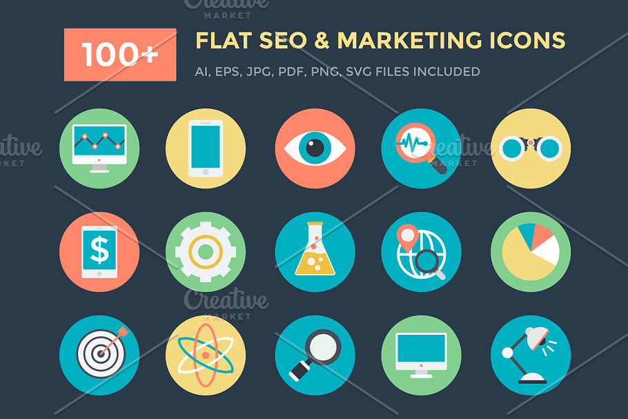 100+ Flat Seo and Marketing Icons 