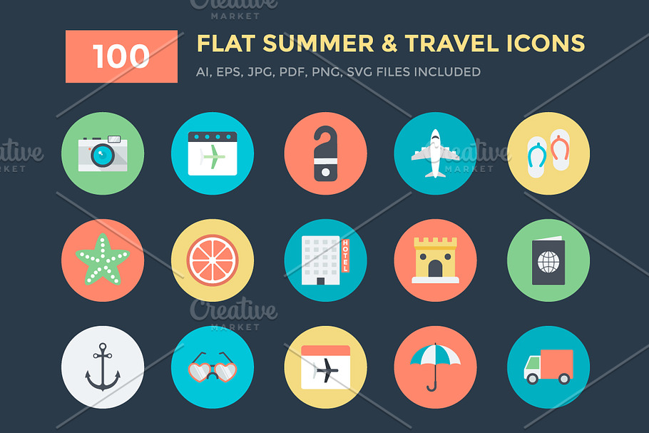 100 Flat Summer and Travel Icons 