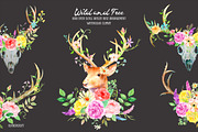 Watercolor Deer Skull and Roses
