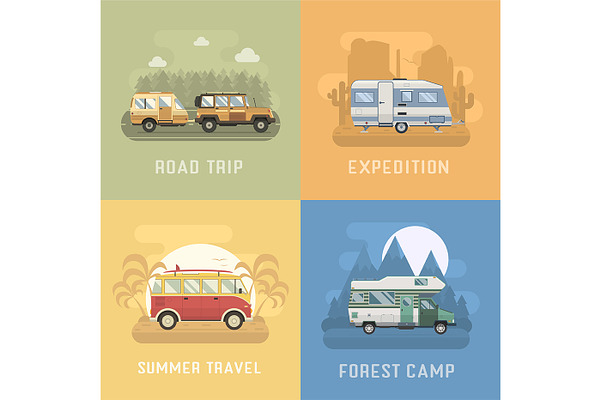 Rv Campers Travel Backgrounds Set