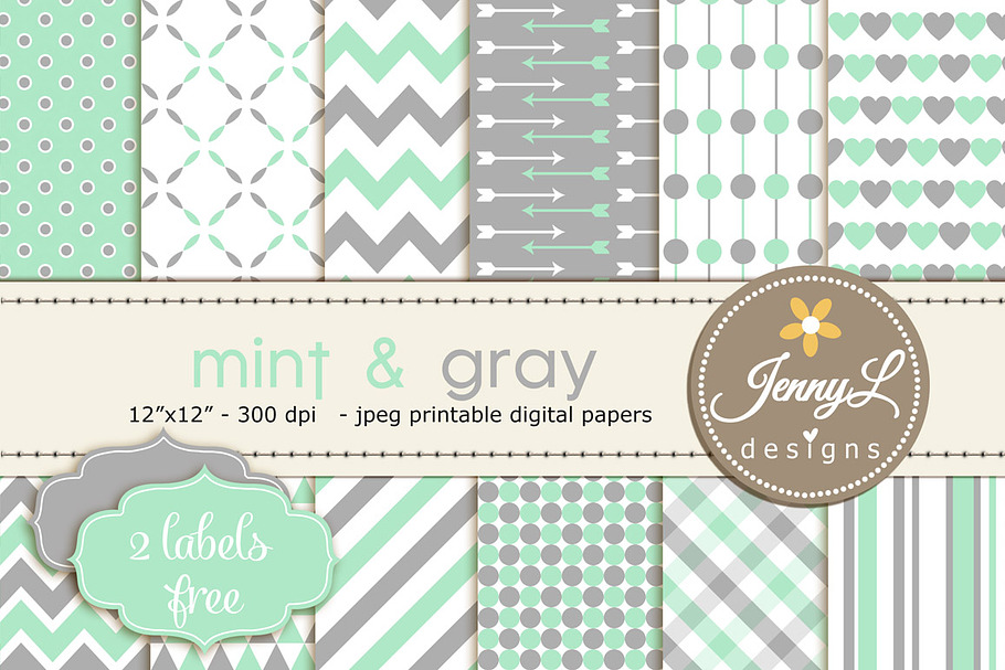 Mint & Gray Digital Papers in Patterns - product preview 8