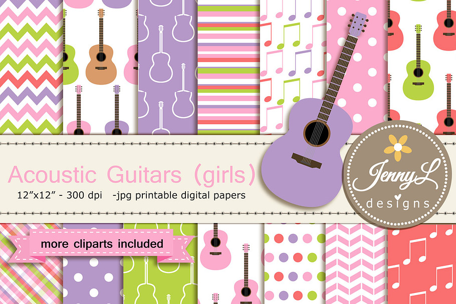 Guitar Girl Digital Paper & Clipart