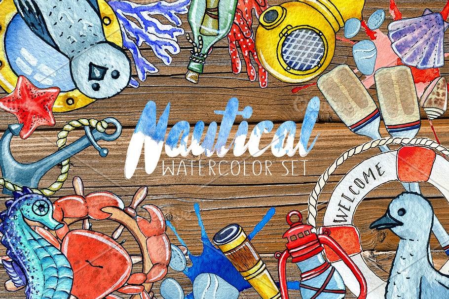 Nautical watercolor set in Illustrations - product preview 8