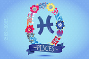Zodiac sign PISCES in floral wreath