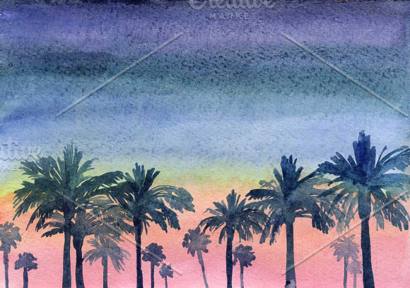 Palms watercolor background in Textures - product preview 1
