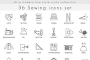 36 Sewing line icons set.