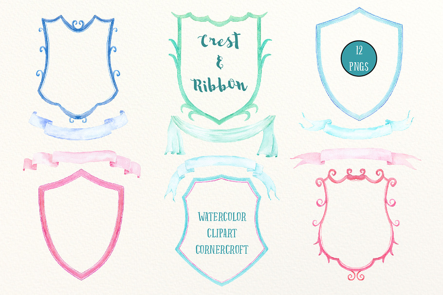 Watercolor Crest Frame and Ribbon