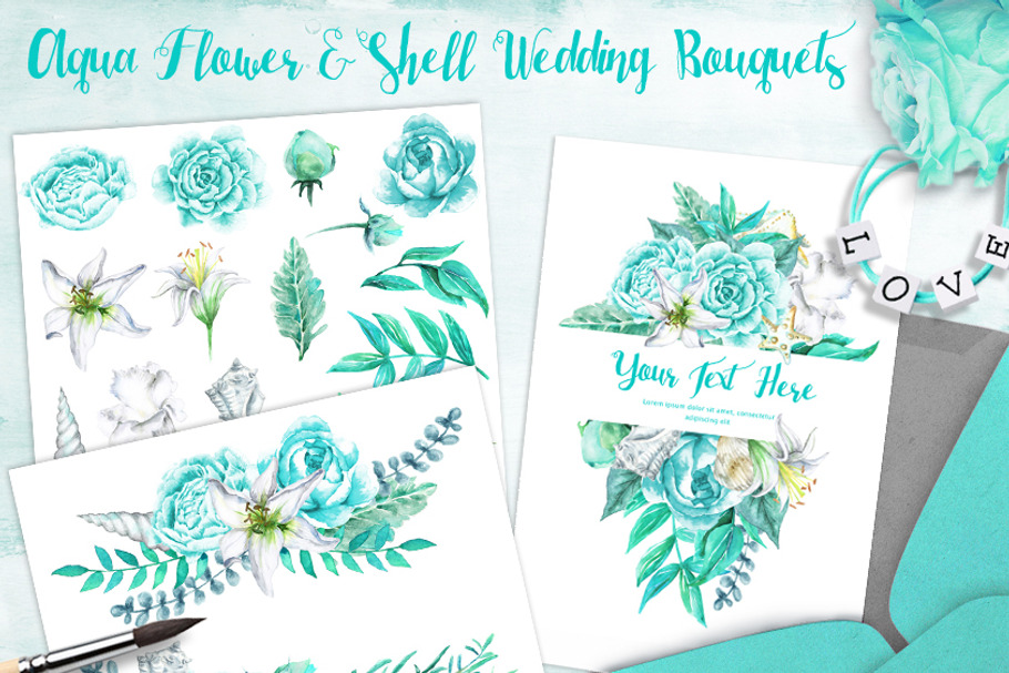 Aqua Flower & Shell Wedding Bouquets in Illustrations - product preview 8