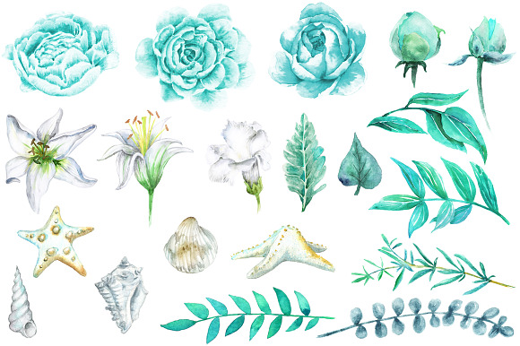Aqua Flower & Shell Wedding Bouquets in Illustrations - product preview 1