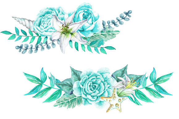 Aqua Flower & Shell Wedding Bouquets in Illustrations - product preview 2